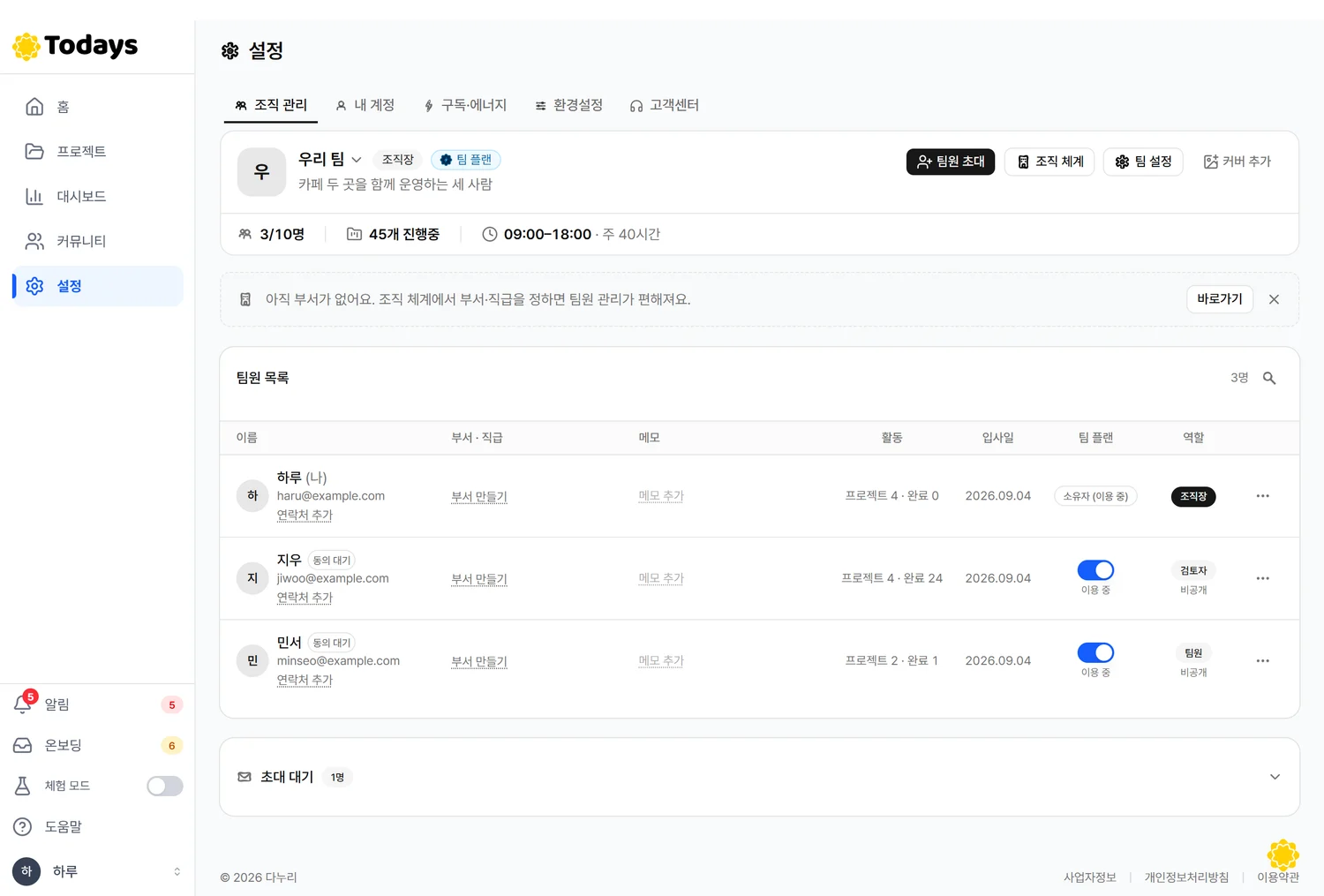 조직 관리 열기 화면
